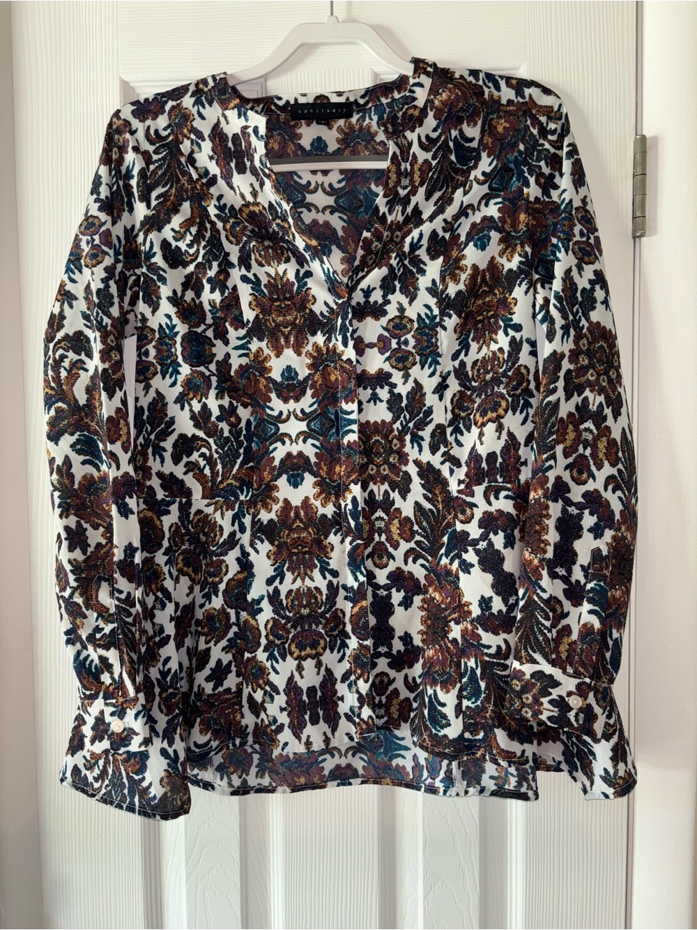 Sanctuary White Button-Down Blouse S Smallwith Brown and Teal Floral Print NWOT
